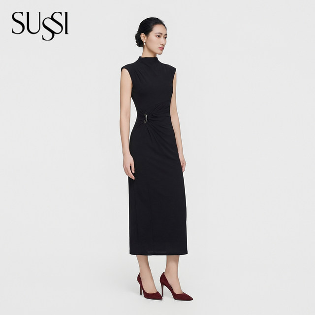 Antique 26 summer new shopping mall black turtleneck wide shoulder sleeveless commuting slim mid-leng length dress