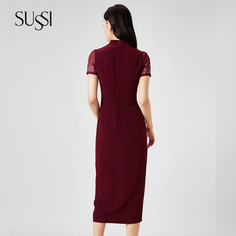 SUSSI/古色24夏商场同款酒红新中式印花喜婆婆婚宴装连衣裙女