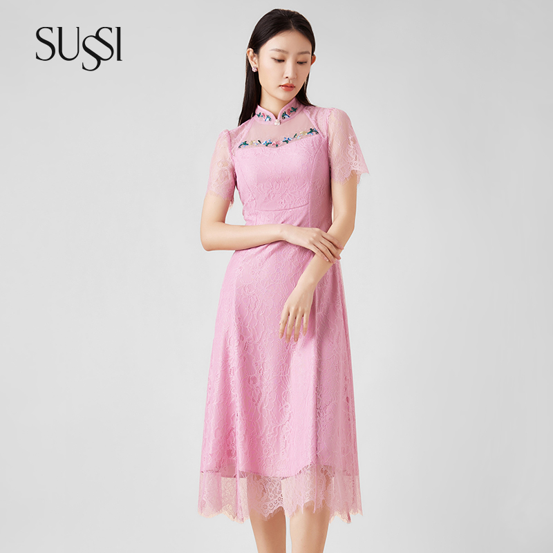 SUSSI/古色夏季新品粉妈妈婚宴礼服改良旗袍连衣裙女