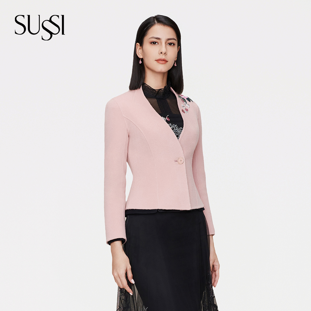 SUSSI古色冬高端商场同款一粒扣羊毛毛呢西装外套女短款 - 图0