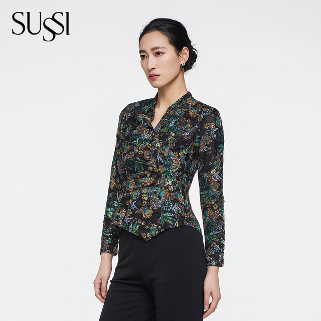 Antique 26 spring new style shopping mall cross-collar slim long-slim printed floral commuter top for women
