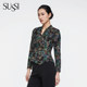 Antique 26 spring new style shopping mall cross-collar slim long-slim printed floral commuter top for women