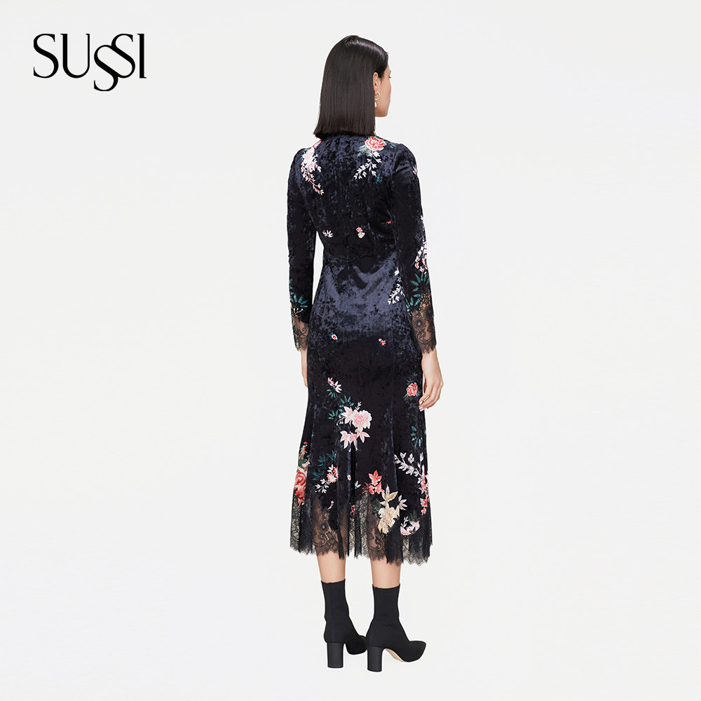 SUSSI/古色冬季新款商场同款丝绒印花蕾丝连衣裙11AV4060120,淘宝优惠券,粉丝福利购,淘宝优惠卷