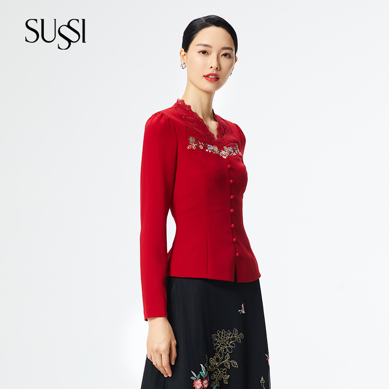 SUSSI/古色23春商场同款新年红装刺绣妈妈婚宴礼服上衣女 - 图0