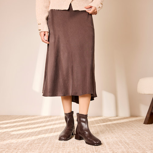 奥康 女鞋2025冬季加绒保暖时装靴精致方圆头舒适透气百搭短靴 - 图1