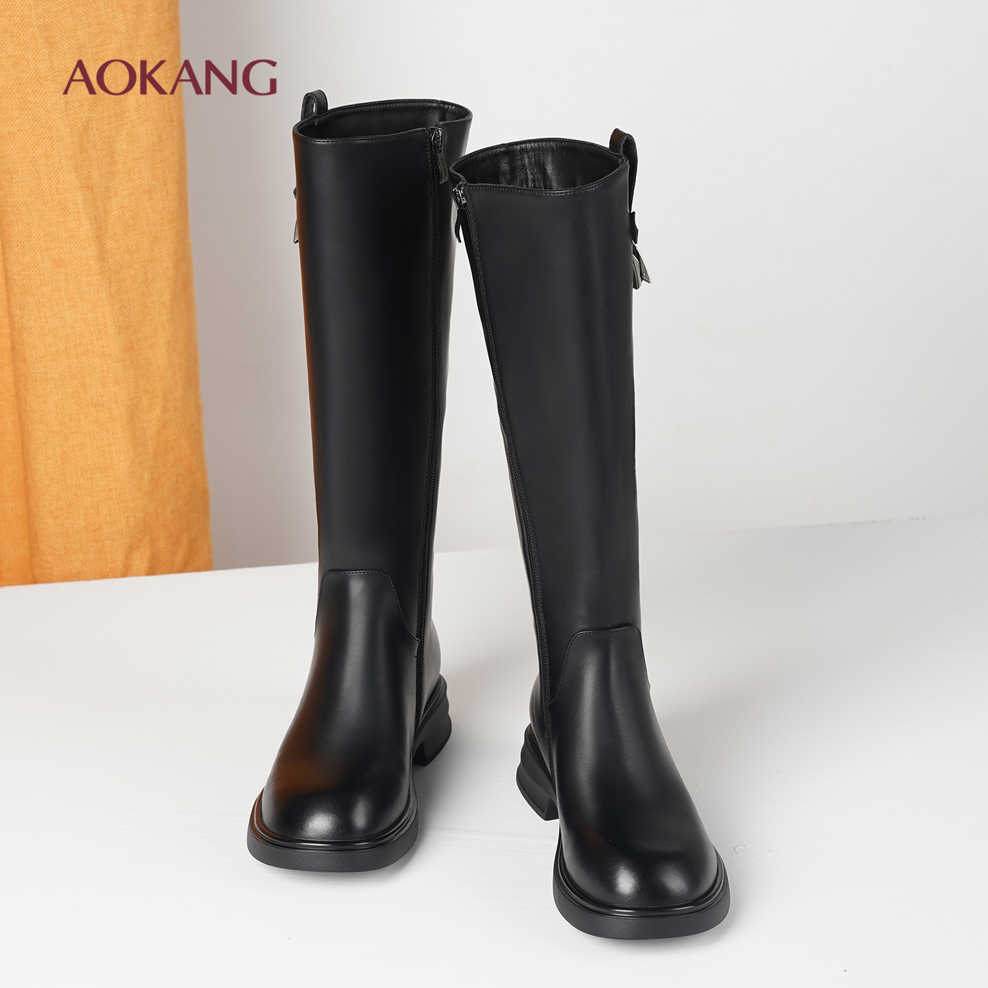奥康 女鞋秋冬新款长筒靴女加绒保暖高筒靴子不过膝骑士靴长靴L - 图0