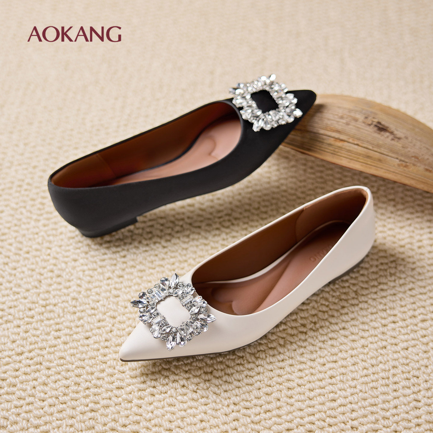 奥康 女鞋2025秋季新款水钻方扣蛋卷鞋软底尖头平底单鞋婚鞋女,淘宝优惠券,粉丝福利购,淘宝优惠卷