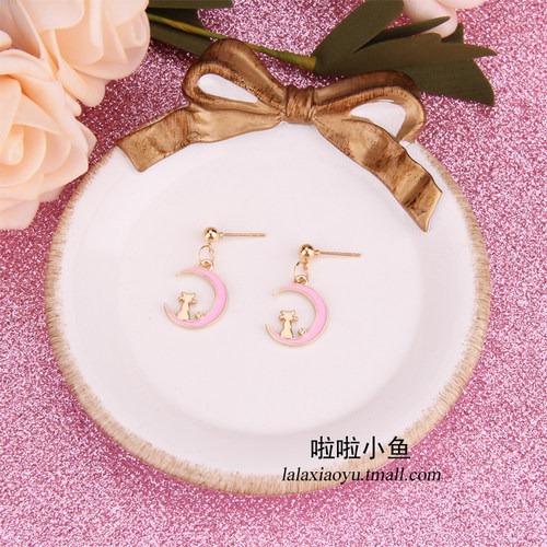 月亮猫咪可爱少女心卡通小猫手工diy耳环耳坠耳钉耳勾材料包配件 - 图2