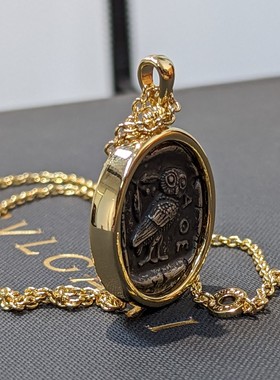 欧美vintage中古希腊925银复古浮雕人像古币雅典娜圆形项链毛衣链