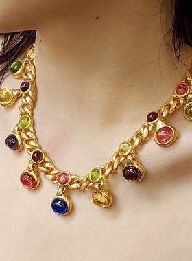 中古vintage铜镀金复古巴彩色琉璃项链欧美小众夸张多吊坠锁骨链