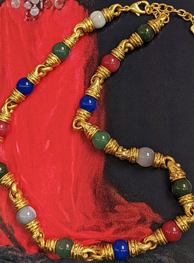西洋古董vintage复古天然石choker项链 多彩宫廷风拼接琉璃耳环女