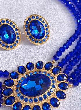 欧美vintage中古复古蓝水晶多层项链耳钉轻奢重工太阳花锁骨链女