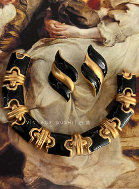 中古vintage书册繁花同款黑金珐琅项链手链耳钉复古宫廷风锁骨链