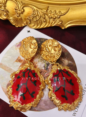 中古vintage复刻西洋复古董重工珐琅夸张耳环欧美小众镀真金耳钉