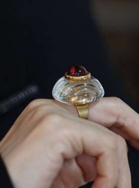 中古vintage复古黄铜镶嵌透明琉璃戒指法式宫廷风开口指环食指戒