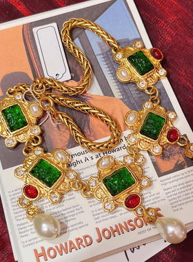 中古vintage复古宫廷风琉璃珍珠吊坠夸张项链欧美小众国潮锁骨链