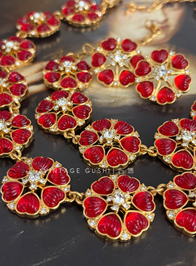 vintage中古红色果冻琉璃花朵项链耳钉手链复古宫廷风锁骨链女