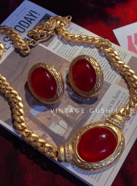 中古vintage复古董宫廷风黑色琉璃项链耳夹套装雾金属链条锁骨链