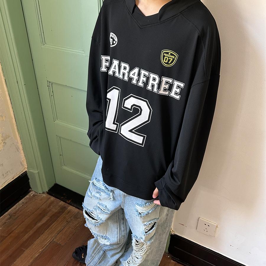 [GINGER]FEAR4FREE美式高街黑白网透球衣 街头风字母印花运动T恤 - 图2