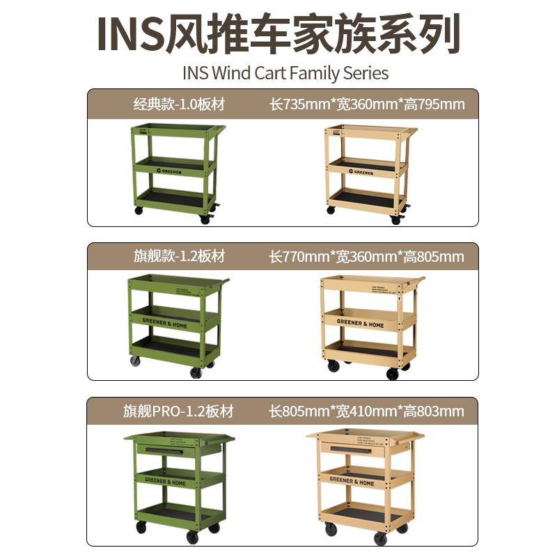 GREENER小推车工业风收餐家用移动书架工具收纳置物零食绿植花架-图3