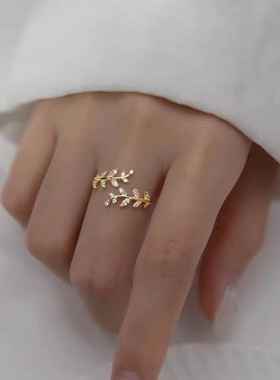 【银屿】s925纯银橄榄枝戒指女气质轻奢可调开口指环森系小众尾戒