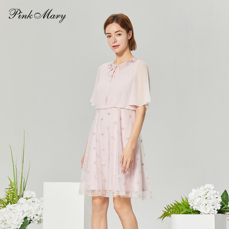 Pink Mary/粉红玛琍连衣裙女2021夏季气质简约刺绣裙子PMAKS5708 - 图1