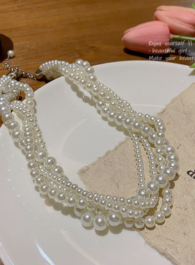 新款百搭约会亮闪闪珍珠项链女锁骨链法式复古气质网红颈链