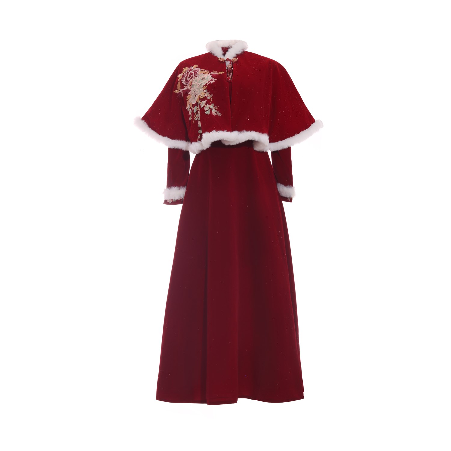 新年战袍连衣裙套装旗袍斗篷式新娘敬酒服晚礼服红色结婚长袖毛呢