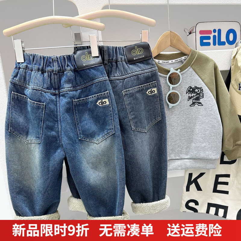 男童牛仔加绒长裤2025秋冬季新款儿童童装中大童宝宝加厚保暖裤子 - 图0