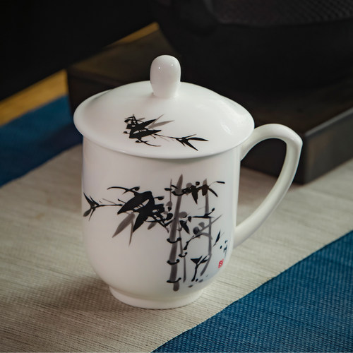景德镇陶瓷茶杯带盖办公杯会议杯子骨瓷水杯墨竹子家用瓷杯 - 图0