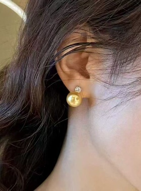 母贝茶金色仿珍珠王妃纯银耳钉