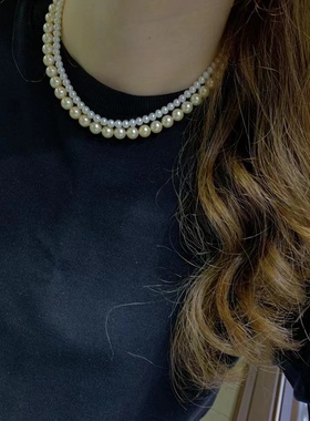 母贝珍珠羽皇金色双层锁骨项链