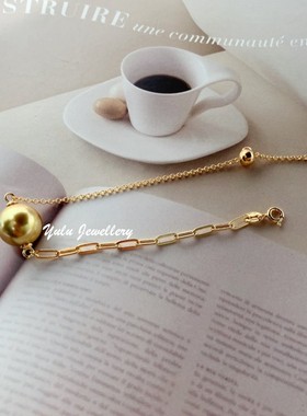 温柔ins风不对称设计纯银抽拉式调节手链 母贝珍珠茶金色正圆强光