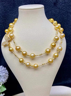 浓金色母贝珍珠注金蝴蝶扣毛衣链