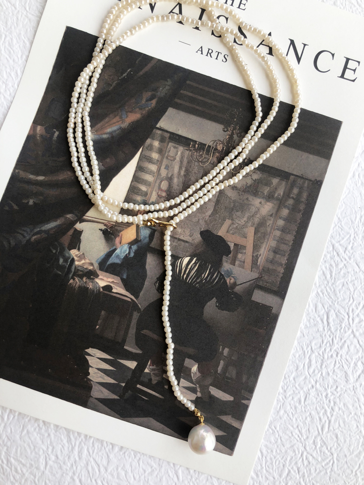 天然巴洛克珍珠吊坠小米珠项链玻璃珠长款多层韩国小众设计感轻奢
