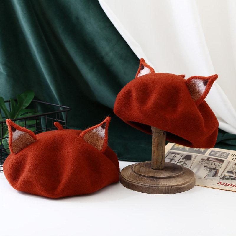 秋冬女帽可爱耳朵羊毛狐狸耳朵贝雷帽森林系画家帽亲子儿童贝雷帽,淘宝优惠券,粉丝福利购,淘宝优惠卷