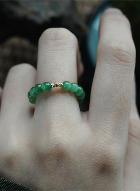 和田玉戒指俄料碧玉18K金串珠