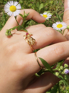 LFLM 新款金色玫瑰花戒指轻奢气质高级感食指戒小众设计感指环女