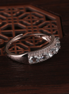 天然海蓝宝排戒s925银镀金镶嵌宝石 小众气质女神开口调节戒指女