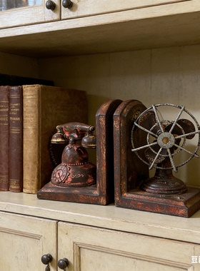复古电话机书立 做旧工艺书挡 书房装饰创意桌面书本整理收纳摆件