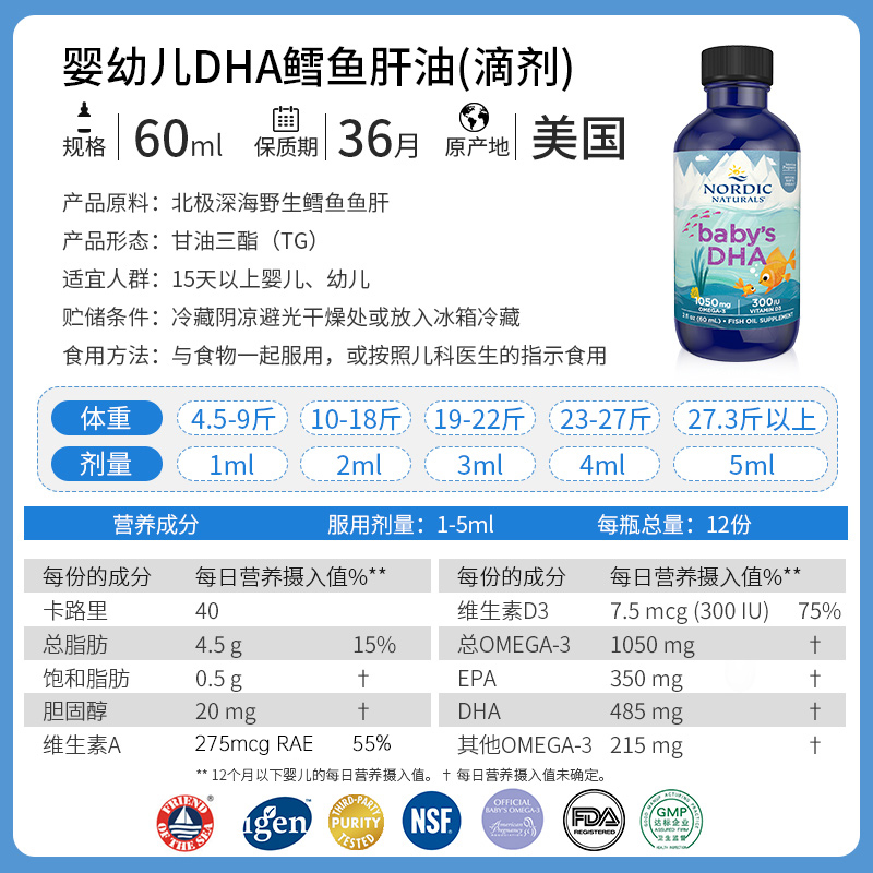 Nordic挪威小鱼dha婴儿新生儿鱼油d3宝宝omega鳕鱼肝油60ml×2瓶