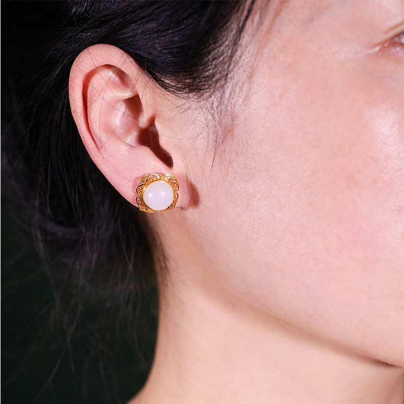 和合玉器和田玉羊脂白玉18k金镶玉玉珠蛋面耳钉如卓耳饰耳环设计,淘宝优惠券,粉丝福利购,淘宝优惠卷