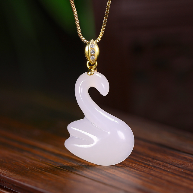 Hehe Jade Hetian Jade 18k gold mutton fat white jade gold inlaid jade swan pendant pendant jade inlaid diamond necklace for women