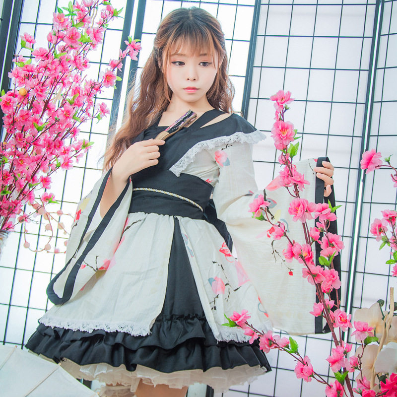 日系cd变装樱花和服宅舞和风花魁蝴蝶结洛丽塔茶会连衣裙伪娘女装_虎窝淘
