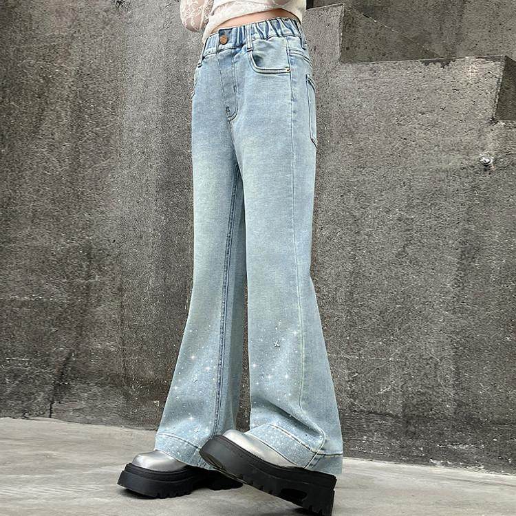 女童烫钻牛仔裤春秋季新款韩范酷网红炸街长裤大童休闲直筒喇叭裤,淘宝优惠券,粉丝福利购,淘宝优惠卷