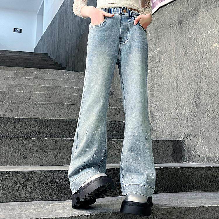 女童烫钻牛仔裤春秋季新款韩范酷网红炸街长裤大童休闲直筒喇叭裤,淘宝优惠券,粉丝福利购,淘宝优惠卷