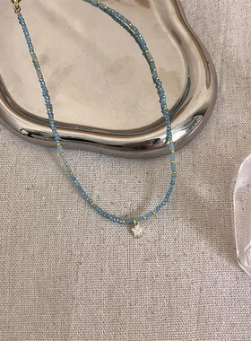 「蓝色星星」天然石串珠淡蓝色系项链小五角星锁骨链小众春夏颈链