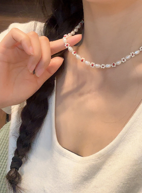 蝴蝶珍珠项链手工精致串珠红色小花 春夏季简约轻奢ins风锁骨链