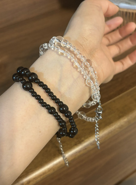 韩国INS冷淡风黑色串珠项链 清凉透明水晶错落大小串珠锁骨链颈链