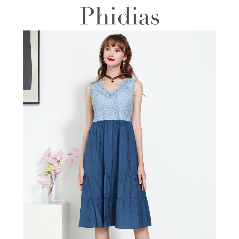 Phidias法式假两件连衣裙女夏季2023新款大码女装v领显瘦中长裙子-图1